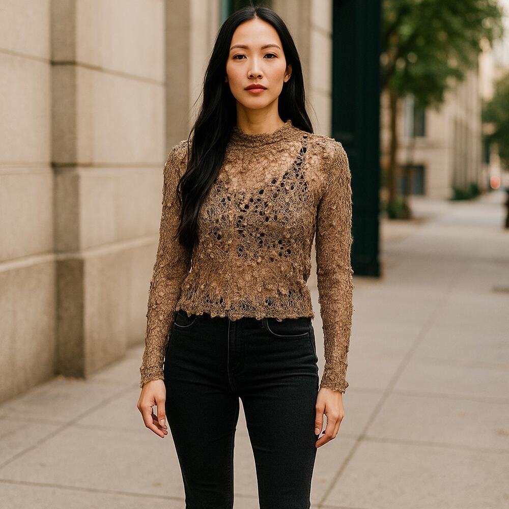Amano Hand Knit‎ Open Weave Sweater Spain S Bronze Lame Sparkle Sheer